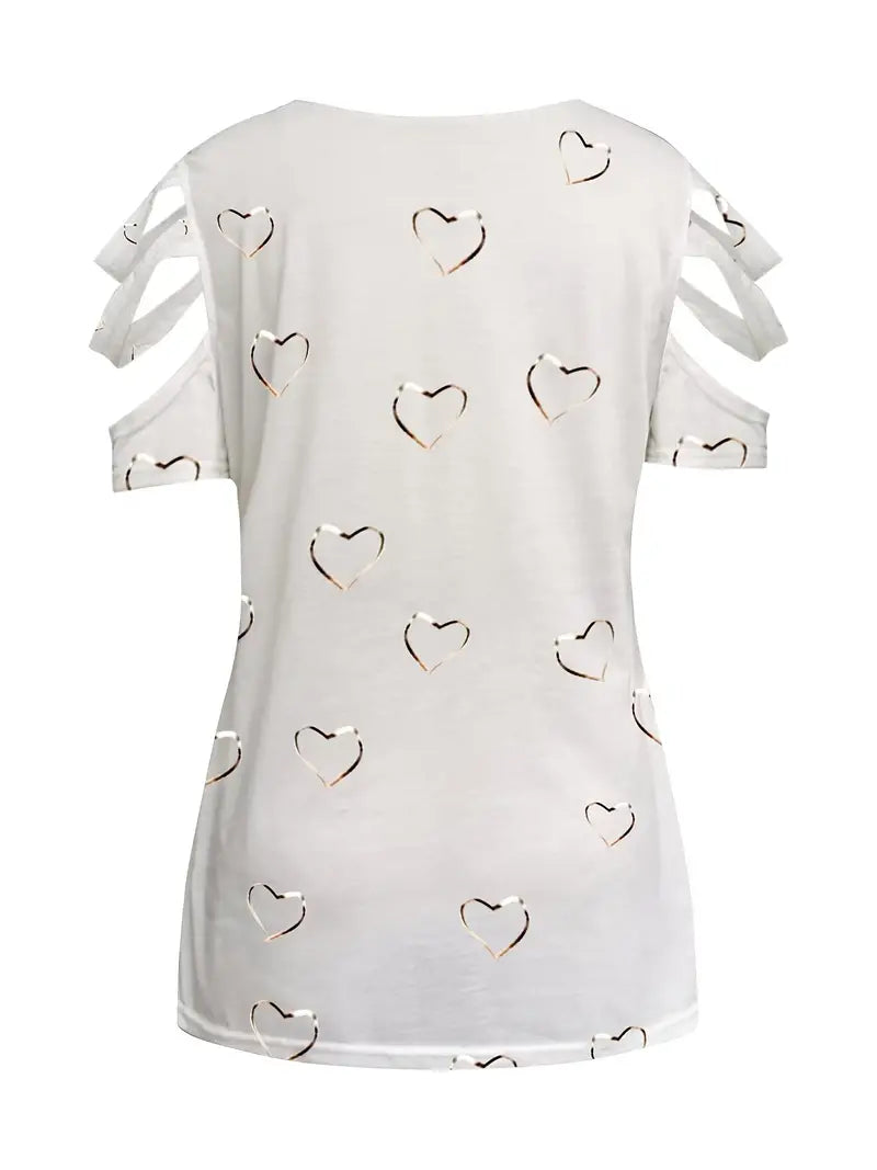 Dames casual t-shirt - lichte v-hals top met hartprint voor dagelijks gebruik