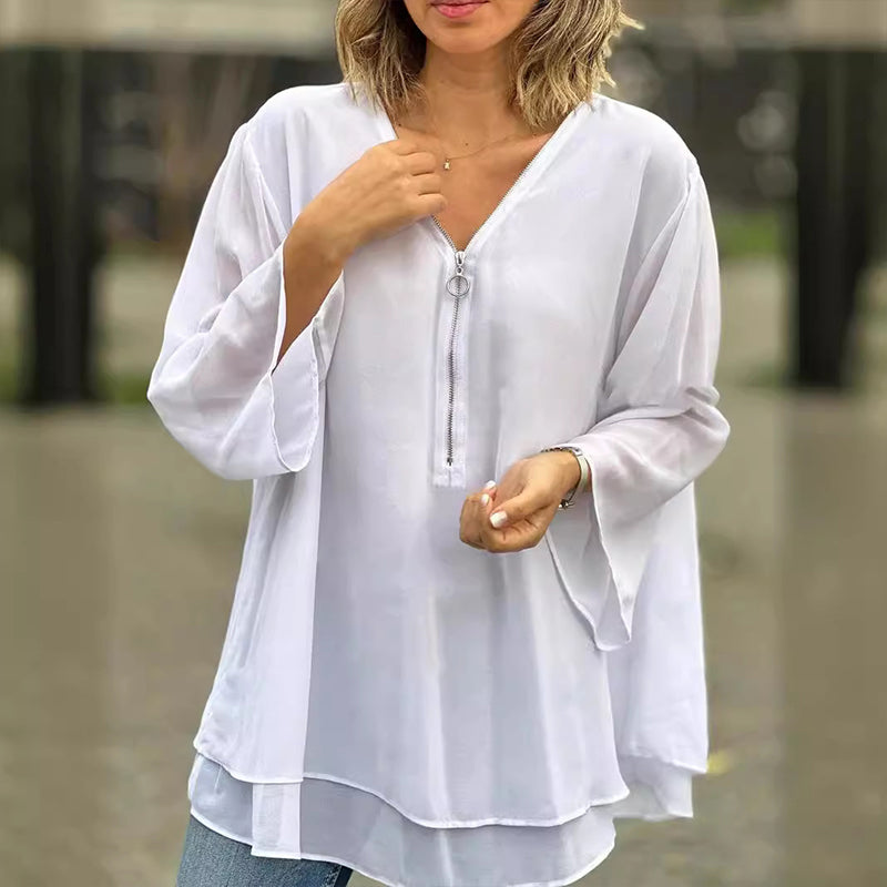 Dames chiffon blouse met rits - v-hals top voor casual situaties, veelzijdige uitstraling
