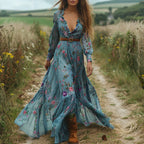 Dames bloemen maxi jurk - luchtige garden party outfit met elegante lange mouwen in boho stijl