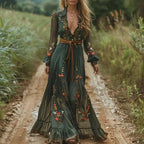 Dames bloemen maxi jurk - luchtige garden party outfit met elegante lange mouwen in boho stijl