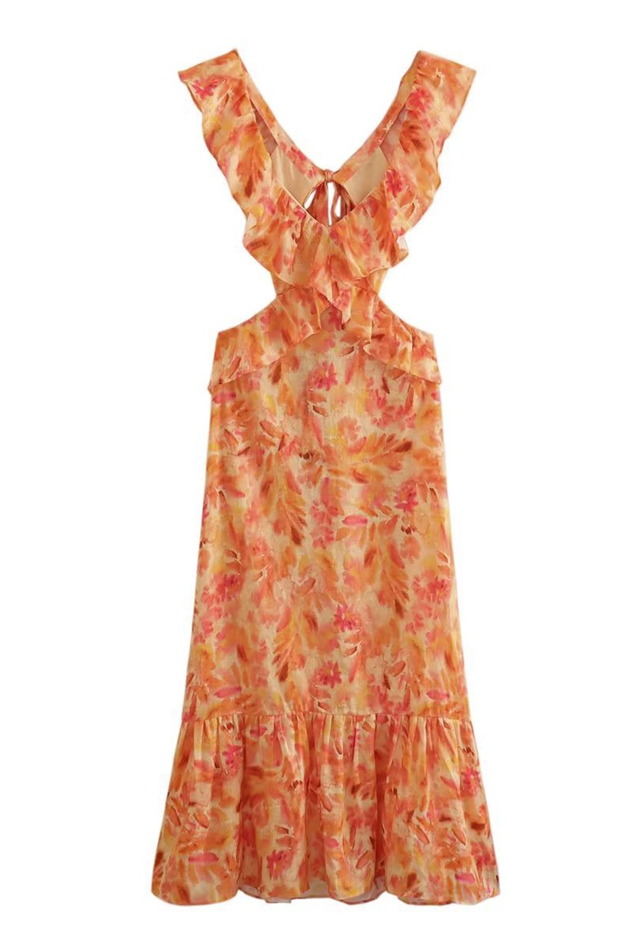 Dames maxi-jurk met bloemenprint - ruffled design met uitsnijdingen voor zomergelegenheden