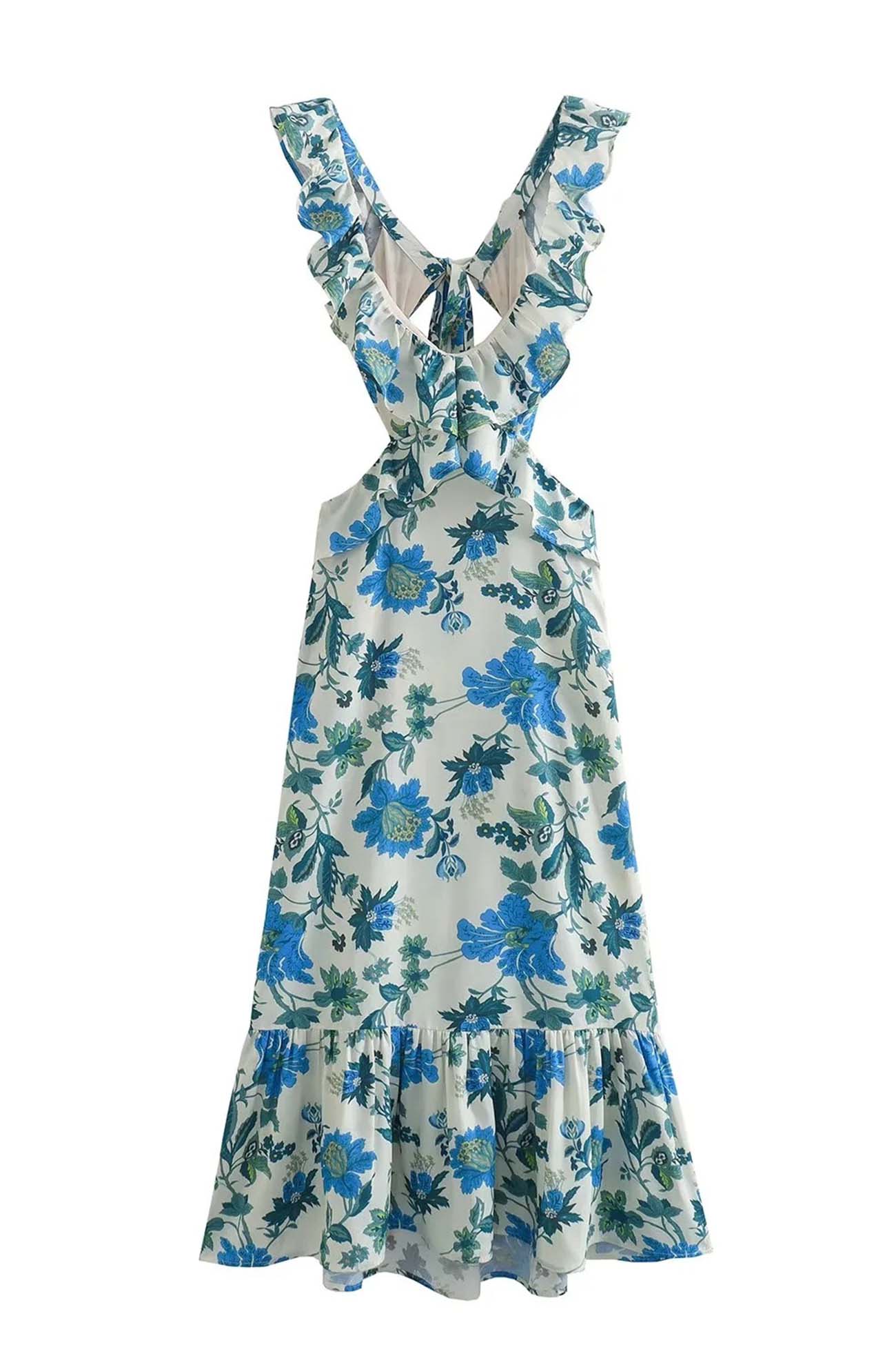 Dames maxi-jurk met bloemenprint - ruffled design met uitsnijdingen voor zomergelegenheden