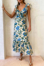 Dames maxi-jurk met bloemenprint - ruffled design met uitsnijdingen voor zomergelegenheden
