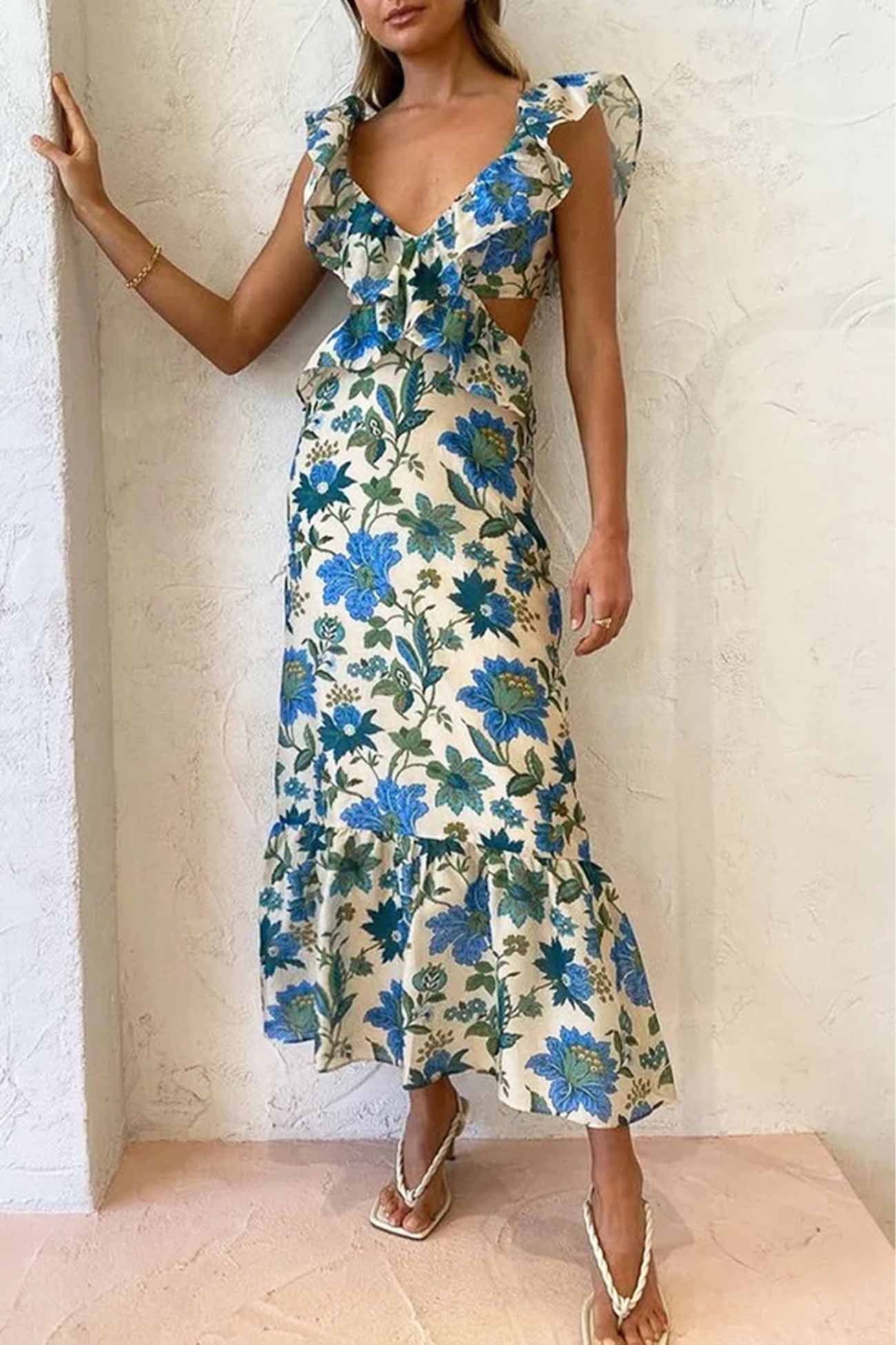 Dames maxi-jurk met bloemenprint - ruffled design met uitsnijdingen voor zomergelegenheden