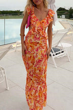 Dames maxi-jurk met bloemenprint - ruffled design met uitsnijdingen voor zomergelegenheden