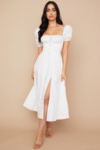 Elegante bloemen midi-jurk voor vrouwen - stijlvolle puff mouwen & korsettendetail voor tuinfeesten