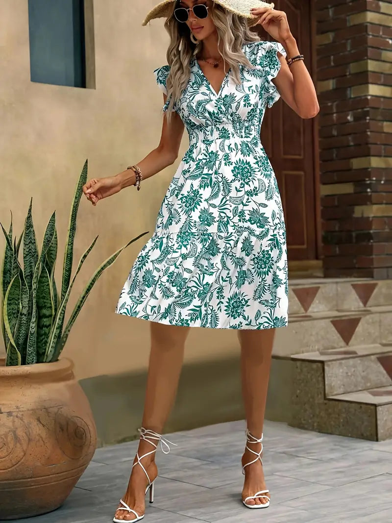 Dames bloemen midi-jurk - v-hals met franje mouwen voor casual zomerdagen