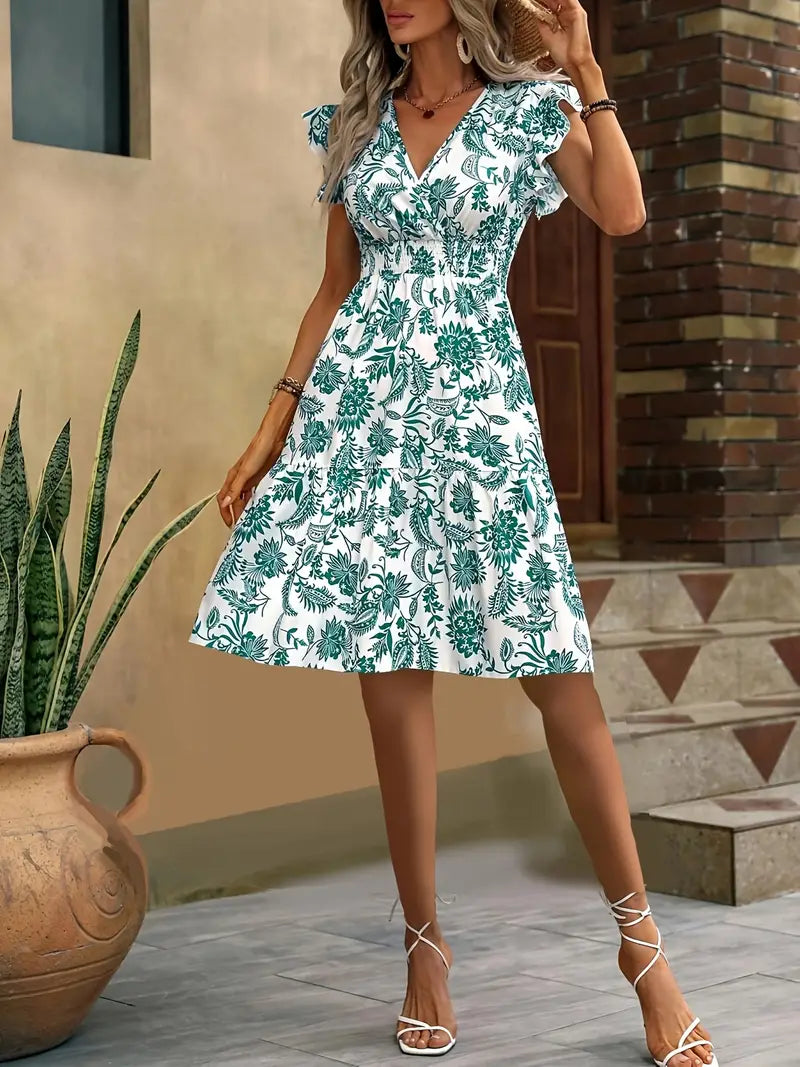 Dames bloemen midi-jurk - v-hals met franje mouwen voor casual zomerdagen