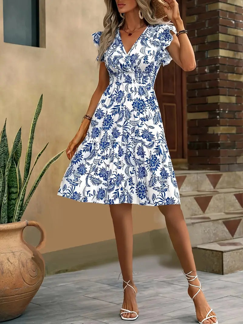 Dames bloemen midi-jurk - v-hals met franje mouwen voor casual zomerdagen