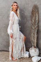 Elegante kanten maxi jurk voor dames - bohemian avondmode met doorschijnende lange mouwen en hoge split