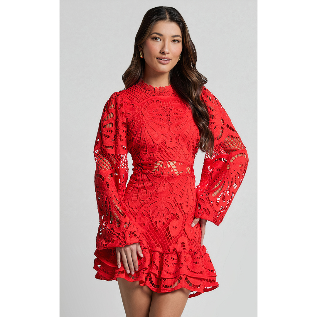 Vrouwelijke kanten mini jurk met lange mouwen - elegante casual jurk voor speciale gelegenheden