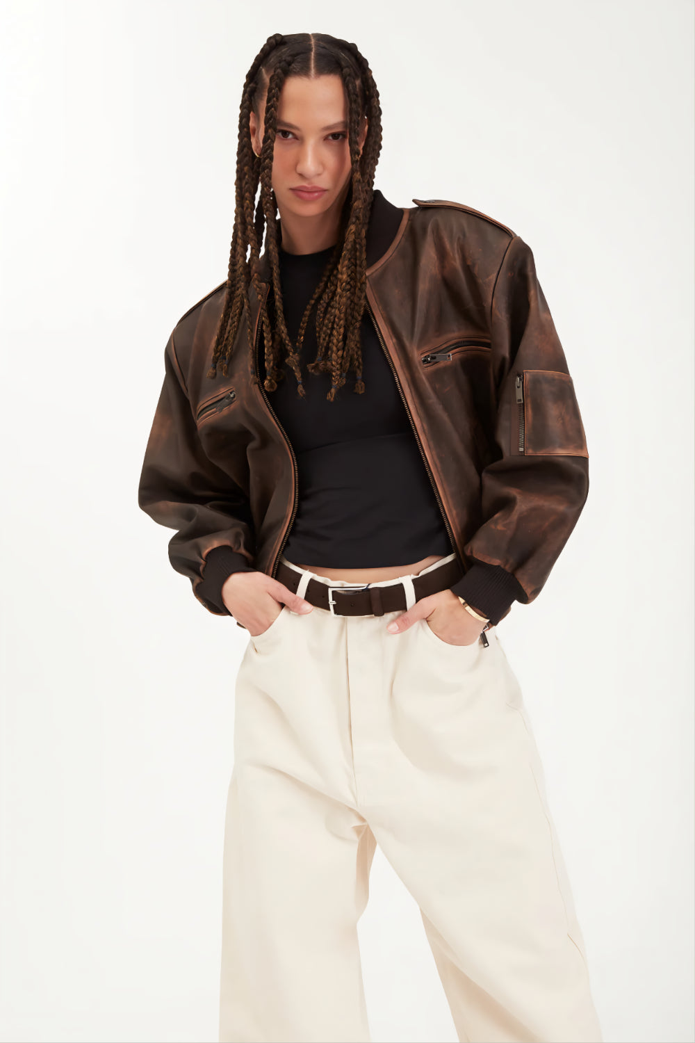 Dames leren bomberjack vintage bruin cropped stijl - moeiteloze laagjes voor casual uitjes
