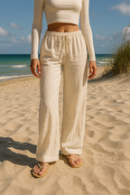 Vrouwen linnen broek hoge taille strandoutfit - chique wijde pijpen voor casual uitjes