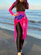 Dames lange mouw zwemkleding met geïntegreerde rok - fatsoenlijk donkerroze badpak voor strand en zwembad