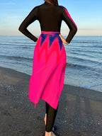 Dames lange mouw zwemkleding met geïntegreerde rok - fatsoenlijk donkerroze badpak voor strand en zwembad