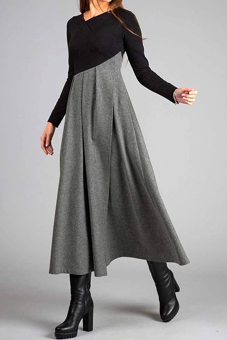 Elegante maxi jurk voor dames - grijze lange mouwen met geplooide rok