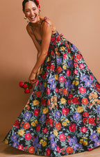 Dames maxi jurk met elegante bloemenprint in zwart taffeta - veelzijdige zomerkleding voor avonden