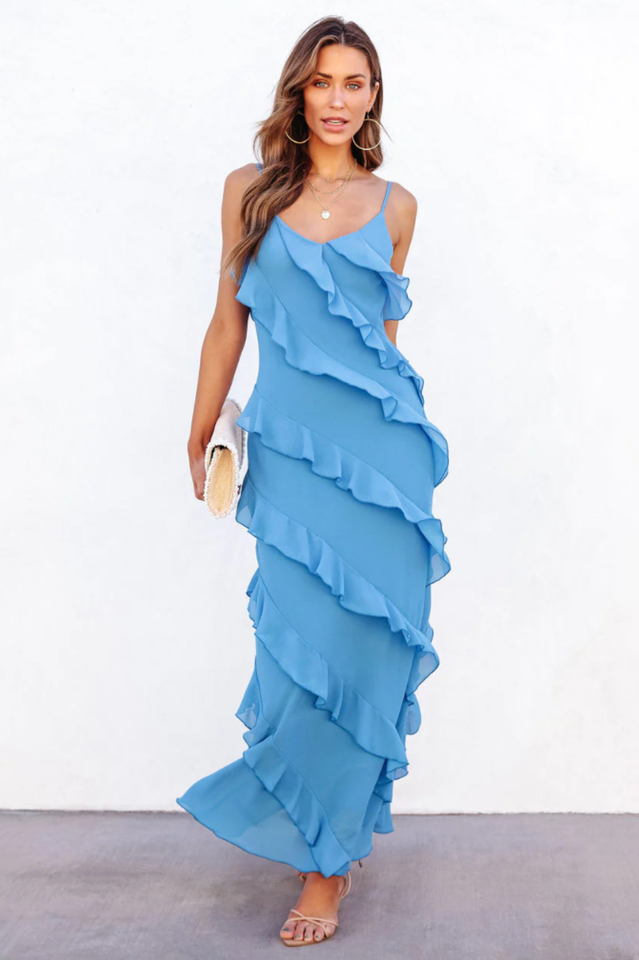 Dames maxi jurk lichte ruffles strandmode - elegante zomeruitjes, ademend materiaal, flatterend ontwerp