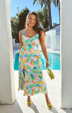 Dames midi-jurk luxe satijnen tropenprint - elegante zomeroutfit voor stijlvolle dagen