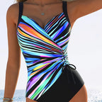 Dames eendelig badpak met stijlvolle blauwe sculptuurstrepen - elegante zwemoutfit voor strand- en zwembadfeestjes