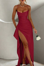 Dames feestjurk - betoverende satijnen jurk in zwart voor avondkleding - chique zijsplit ontwerp