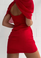 Dames feestjurk - stijlvolle geplooide rode cocktailjurk voor avondjes uit - elegante korte mouwen