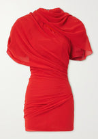 Dames feestjurk - stijlvolle geplooide rode cocktailjurk voor avondjes uit - elegante korte mouwen