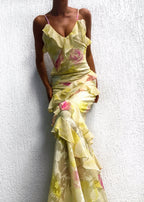 Damesfeestjurk - ruffled gele avondoutfit voor speciale gelegenheden - elegante stijl, lichte stof