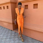 Vrouwen geplooide maxi jurk met hoge split - elegante avondgala voor bijzondere gelegenheden