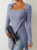 Dames geribbelde lange mouw top met knoopdetails - chique asymmetrische stijl voor casual en zakelijke looks
