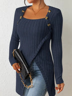 Dames geribbelde lange mouw top met knoopdetails - chique asymmetrische stijl voor casual en zakelijke looks