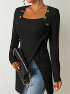 Dames geribbelde lange mouw top met knoopdetails - chique asymmetrische stijl voor casual en zakelijke looks