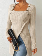 Dames geribbelde lange mouw top met knoopdetails - chique asymmetrische stijl voor casual en zakelijke looks
