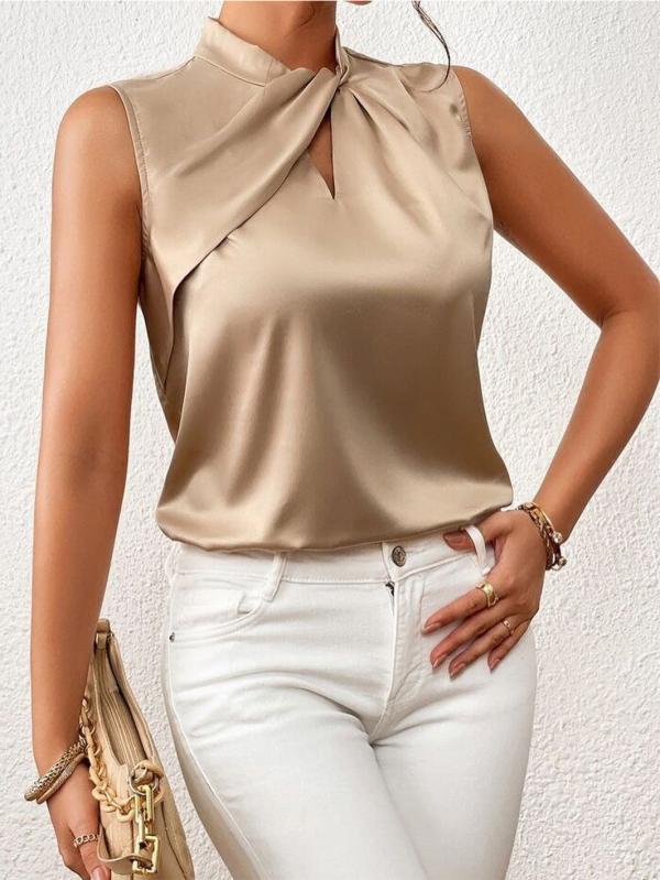 Dames satijnen mouwloze top met twist-halsdetails - stijlvolle blouse voor kantoor en avond