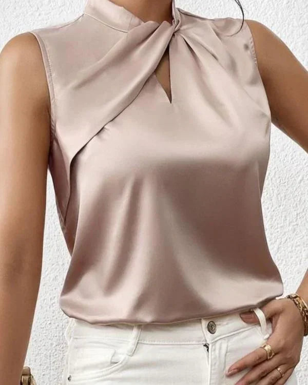 Dames satijnen mouwloze top met twist-halsdetails - stijlvolle blouse voor kantoor en avond