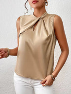 Dames satijnen mouwloze top met twist-halsdetails - stijlvolle blouse voor kantoor en avond
