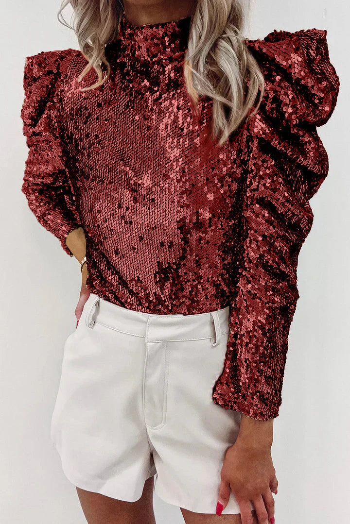 Dames sequins blouse - elegante puff sleeve top voor feesten en diners