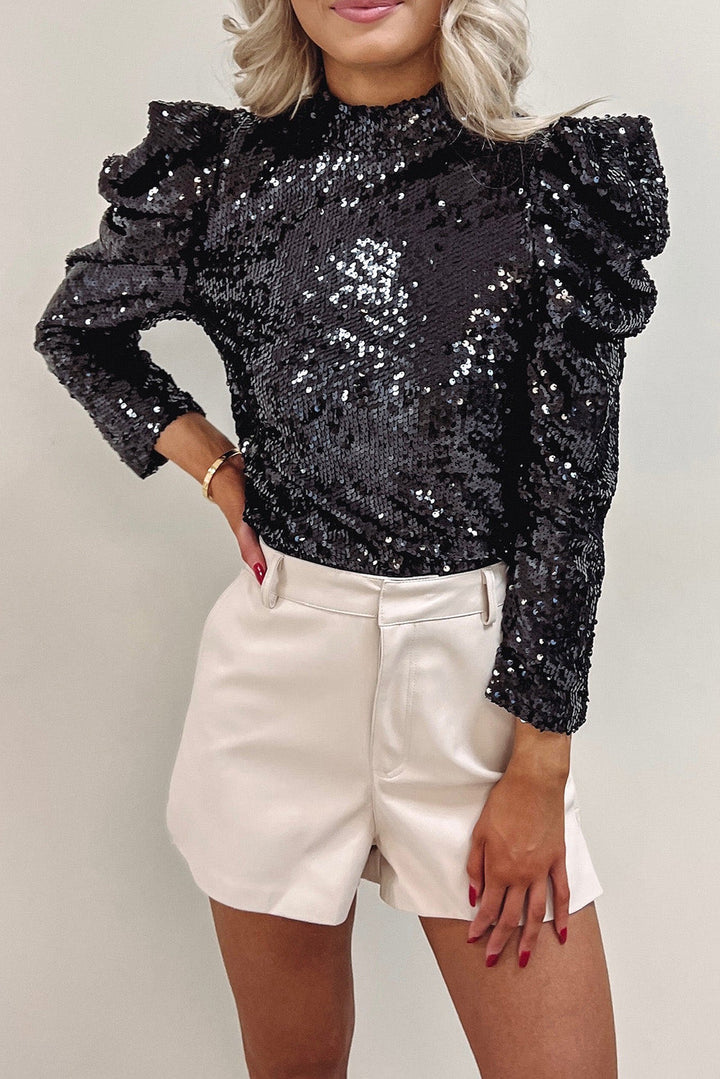 Dames sequins blouse - elegante puff sleeve top voor feesten en diners