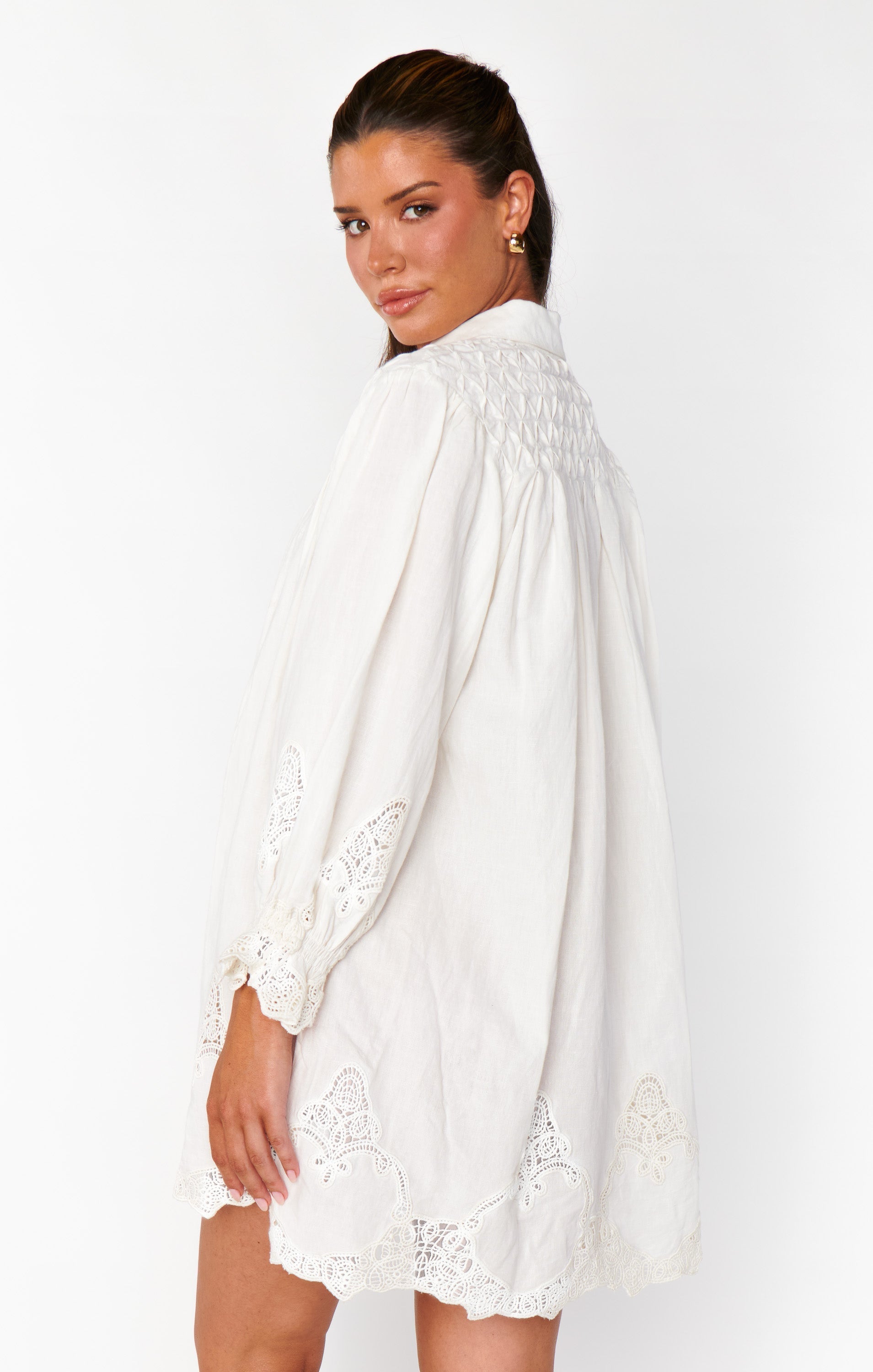 Dameshemdjurk elegante witte kant borduursels - lange mouw blouse voor casual looks