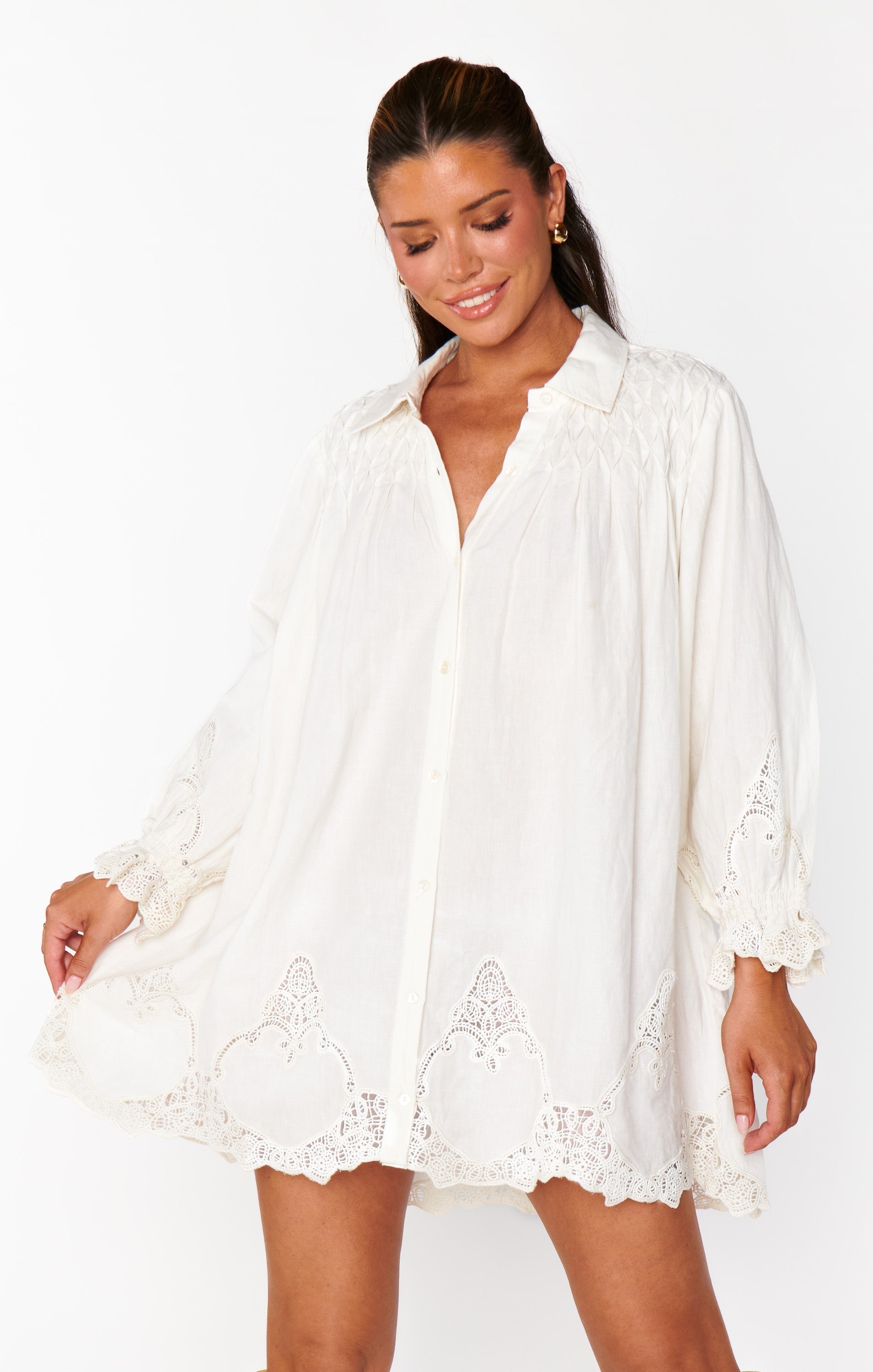 Dameshemdjurk elegante witte kant borduursels - lange mouw blouse voor casual looks