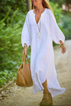 Dames overhemdjurk met knoopsluiting en elegante v-hals - casual dagmode