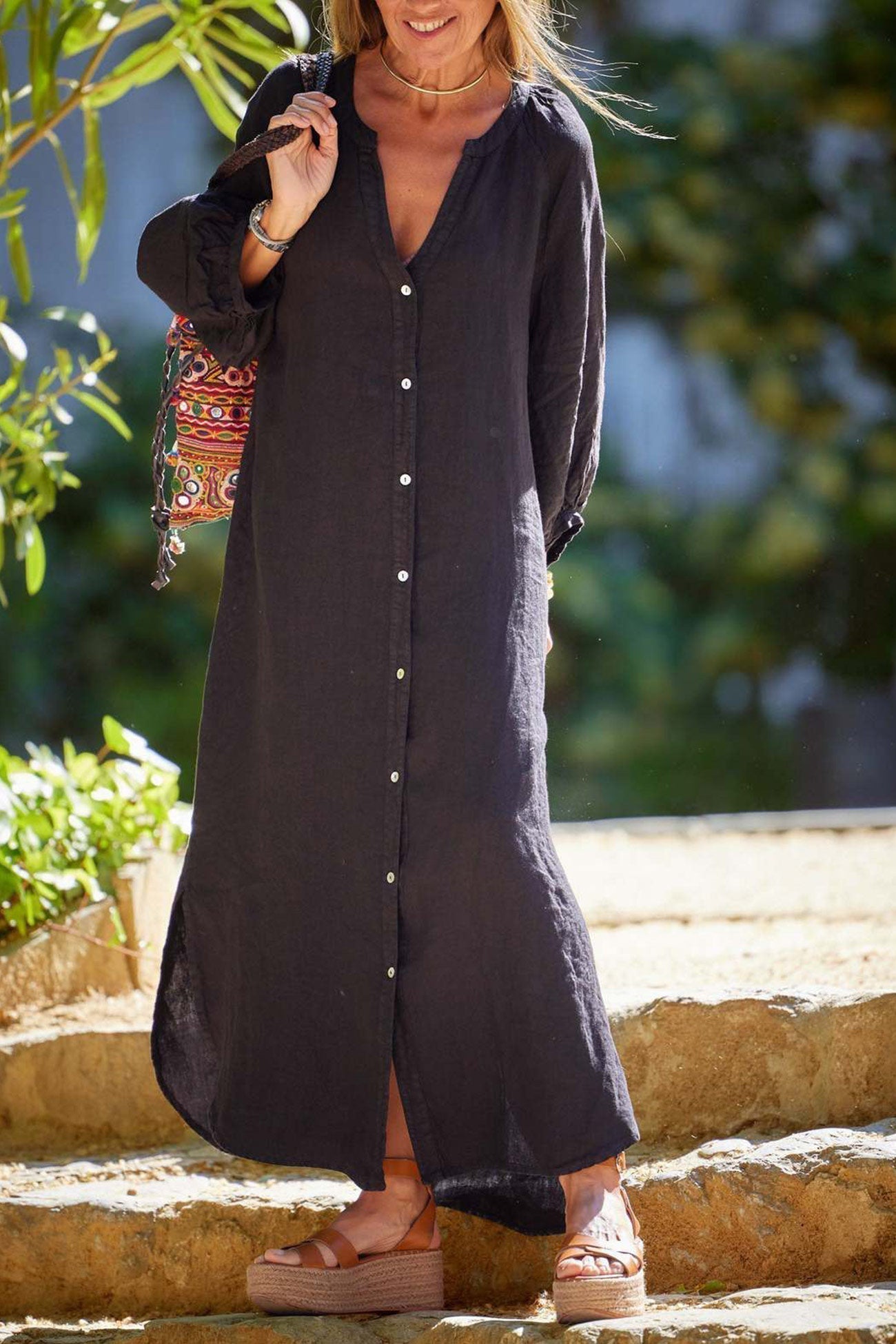 Dames overhemdjurk met knoopsluiting en elegante v-hals - casual dagmode