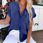 Dames korte mouwen denim shirt - lichte katoenmix voor een relaxte look