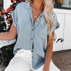 Dames korte mouwen denim shirt - lichte katoenmix voor een relaxte look