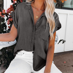 Dames korte mouwen denim shirt - lichte katoenmix voor een relaxte look