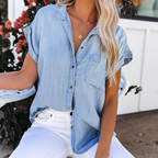 Dames korte mouwen denim shirt - lichte katoenmix voor een relaxte look