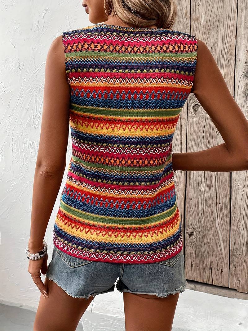 Dames zonder mouwen gebreide top met levendig meerkleurenpatroon - casual zomeroutfit