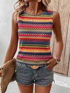 Dames zonder mouwen gebreide top met levendig meerkleurenpatroon - casual zomeroutfit