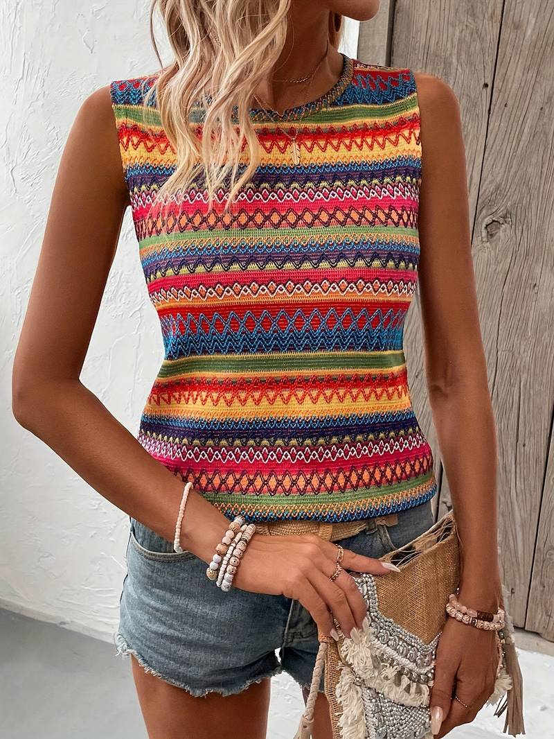 Dames zonder mouwen gebreide top met levendig meerkleurenpatroon - casual zomeroutfit