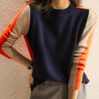 Dames trui retro chique ontwerp blauw en oranje - elegante kleurblokken jumper voor casual outfits